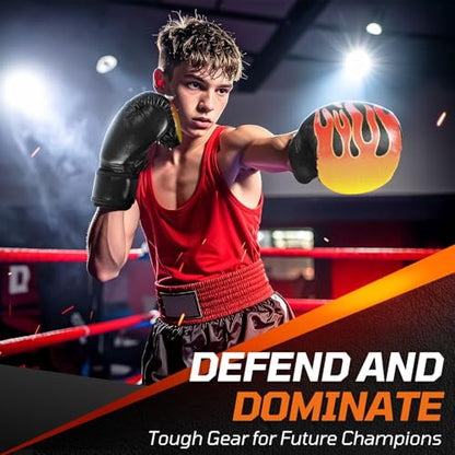 Flexzion Boxing Gloves for Kids 4oz – Training Punching Bag Mitts, Kid Boxing Gloves with Faux Leather & Wrap-Around Wrist Protection for Boys & Girls Ages 3-8 Years - color: Black Blaze