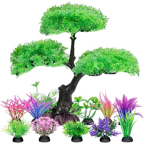Ameliade Green Artificial Plastic Tree Aquarium Plants Decor Set, 11PCS | Soft Green Tree Fish Tank Decorations, Betta Goldfish Large Tank Accessories, Big Fish Bowl Tall Ornaments - color: Green