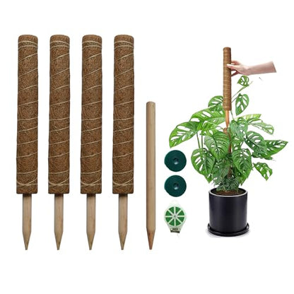 Moss Pole for Plants 4 Pack Natural Coco Coir Climbing Support Stakes with Plant Ties Indoor Monstera Plant Training Extension Poles 14.8inch Each Total 59.2inch - size: 38cm