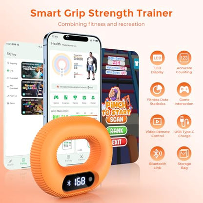 Smart Grip Strength Trainer with Bluetooth APP - Squeeze to Play Games & Scroll Video Hands-Free, Soft Silicone, Portable Hand Exercise for Strength, Stress Relief & Rehab (Orange, 40 LB)
