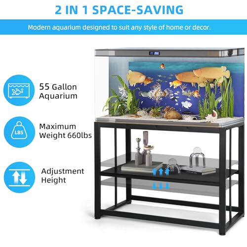 VOWNER 55-75 Gallon Fish Tank Stand, Metal Aquarium Stand, Black | 48.4" x 14.9" x 29.5" Heavy Duty Reptile Tank Stand, Adjustable 2-Tier Fish Tank Rack Shelf for Home Office, Stand Only - color: Black