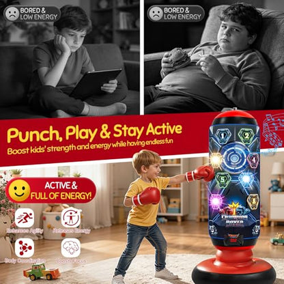 Kids Punching Bag with Gloves, Inflatable Boxing Set with Scoring, Lights & Music, 4 Game Modes, Freestanding Electronic Boxing Bag, Interactive Training Set Birthday Gift for Boys Girls Ages 4-12