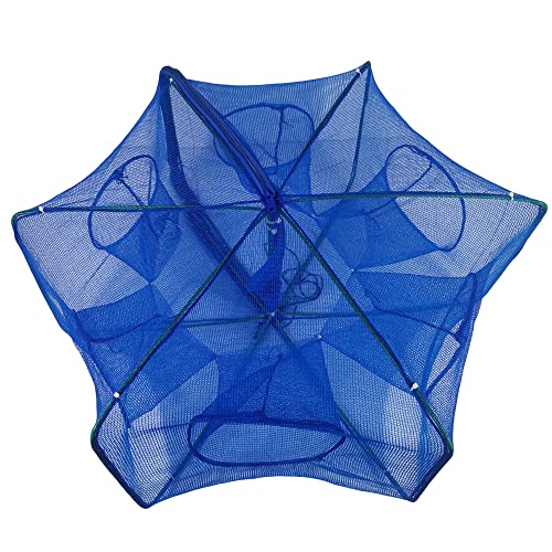 Foldable Bait Trap Fishing Net - Hand Cast Cage for Catching Fish Shrimp Crab Crawfish - color: Blue Thicken Mesh Material, size: 6 Entrances