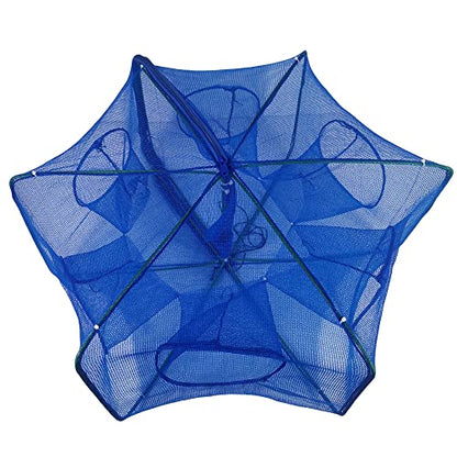 Foldable Bait Trap Fishing Net - Hand Cast Cage for Catching Fish Shrimp Crab Crawfish - color: Blue Thicken Mesh Material, size: 6 Entrances