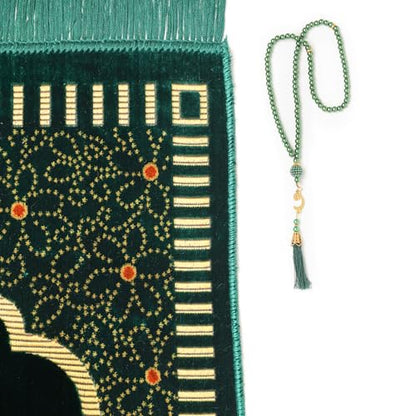 Muslim Prayer Rug, Soft Plush Thin Islamic Prayer Mat, Janamaz, Sajada, Praying Carpet, Islamic Gift for Men & Women, Islamic Ma, Eid & Ramadan Gift with Prayer Beads, 26x43 inch, Green - color: Riyadh / Emerald Al-masjid Green
