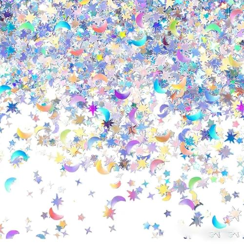 Iridescent Moon Star Table Confetti, 15g Baby Shower Table Decorations for Over the Moon Baby Shower Wedding Birthday Party Confetti Foil Sprinkles Decorations