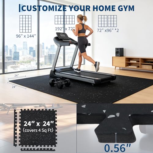Garvee Exercise Equipment Mats 0.56" Thick 48 Sq ft Gym Flooring – 12 Tiles (24" x 24") Rubber Top with High Density EVA Foam, Interlocking Puzzle Workout Mats for Home Gym Exercise– Black/Grey