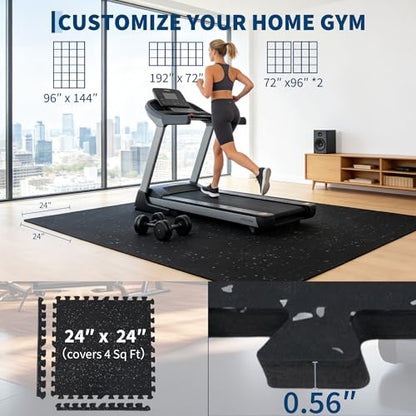 Garvee Exercise Equipment Mats 0.56" Thick 48 Sq ft Gym Flooring – 12 Tiles (24" x 24") Rubber Top with High Density EVA Foam, Interlocking Puzzle Workout Mats for Home Gym Exercise– Black/Grey