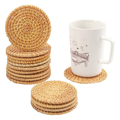 15 PCS 4 Inch Round Rattan Coasters, Handmade Braided Drink Coasters, 4 inch Rattan Woven Coaster for Home & Party