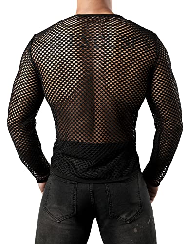 JOGAL Mens Fishnet Mesh Long Sleeve Shirt Fitted Muscle Top - color: Black, size: XX-Large