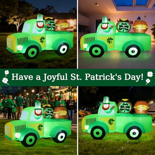 Lewondr 7.87FT St Patricks Day Inflatable Outdoor Decorations, Inflatable Leprechaun Drive a Car with Shamrocks, Blow up Yard Decoration with 11 Build-in Lights for Holiday Party Yard Lawn Garden - style: Green Car