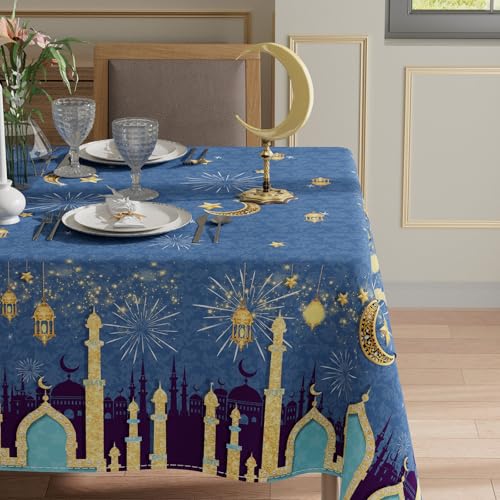 XCHI Green Castle Golden Lantern Stars and Moons Ramadan Mubarak Tablecloth Rectangle Table Cloth Table Covers for Indoor Dining Home Party Decorations 60x84 Inch - size: 84" x 60" (Rectangular)