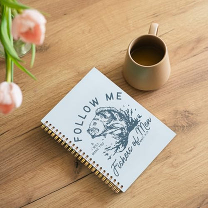 WUCHJ Light Blue Retro Fish Christian Notebook, Matthew 4:19 Bible Verse Journal, Religious Scripture Spiral Notebook Journal for Note Taking, Christian Faith Based Gifts for Women Men, 5.5x8.3 Inch - color: light blue fish follow me