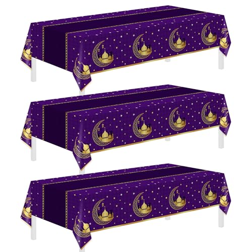 Childom 3 Pack Ramadan Table Cloth,Ramadan Decorations for Home,54" x 108" Eid Mubarak Decorations,Eid Ramadan Tablecloth Rectangular,Purple Plastic Table Cloth Disposable Table Cover for Party Favors - color: Eid Mubarak-purple