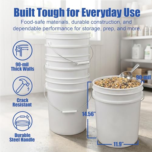 5 Gallon Bucket - Food Grade w/Lid BPA-Free, 6 Pack - White | Airtight Gasketed Tear Strip Lid, Heavy-Duty 90 Mil HDPE Plastic Pail, Bulk Storage, Food Safe Durable Container, Made in USA - color: White, size: 6 Packs