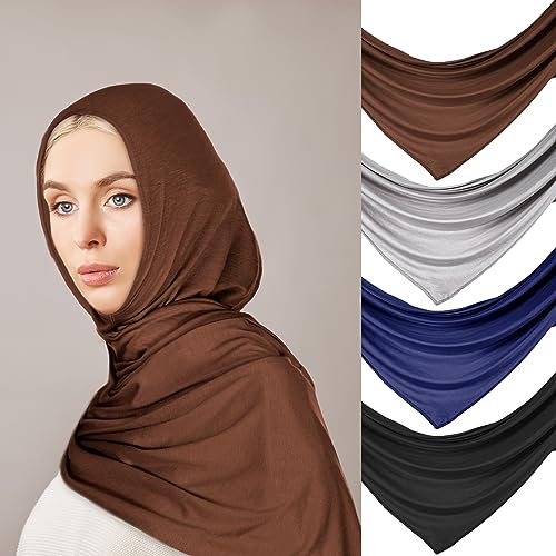 Vabean 4 Pcs Instant Hijab for Women Jersey Hijabs Pinless Ramadan Islamic Muslim Head Wraps Premium Head Scarf Shawl turban - color: Coffee, Navy Blue, Black, Gray