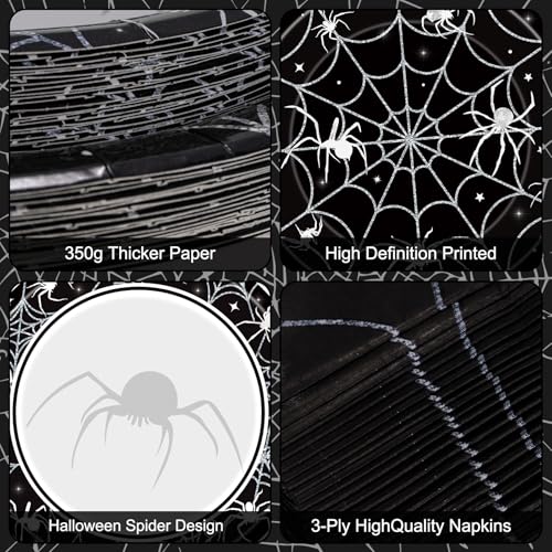 96 Pcs Halloween Plates and Napkins Set - Black Spider Webs Dinner Dessert Paper Plates Cocktail Napkins Forks Disposable Tableware for Spiderweb Halloween Party Decorations Supplies Favors, Serve 24 - style: Halloween