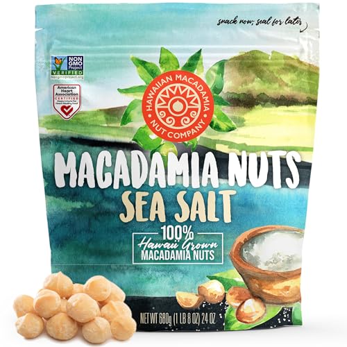 Hawaiian Macadamia Nut Company Dry Roasted Macadamia Nuts with Sea Salt 24 Oz, Source of Fiber, Gluten-Free and Certified Non-GMO, Premium Quality, Crunchy and Delicious - size: 24 Ounce (Pack of 1)