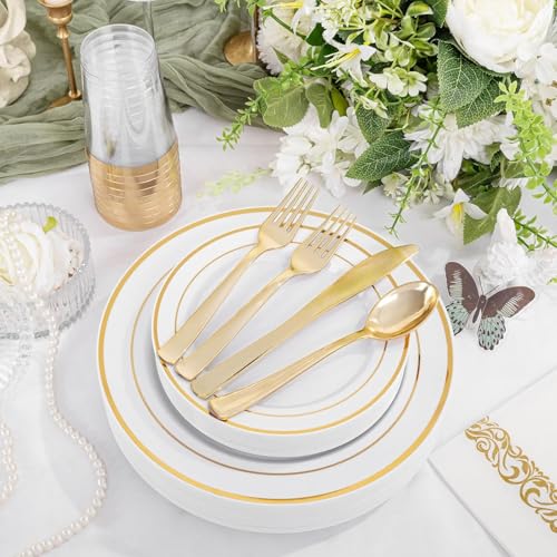 Supernal 60PCS Gold Plastic Dinnerware Set (Service for 12 Guests) - Heavy Duty White Gold Plates with Disposable Silverware for Graduation Party, Summer Wedding, BBQ & Birthday - color: 60pcs White and Gold Plastic Dinnerware set