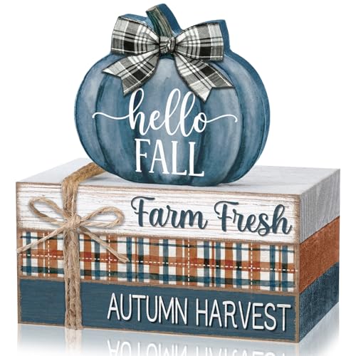 Geelin 4 Pcs Blue and White Pumpkin Fall Decor, Vintage Fall Table Decor with Wooden Book Stack and Plaid Accents, Farmhouse Decorations for Tiered Tray Shelf Coffee Bar - style: Fall Blue Pumpkin