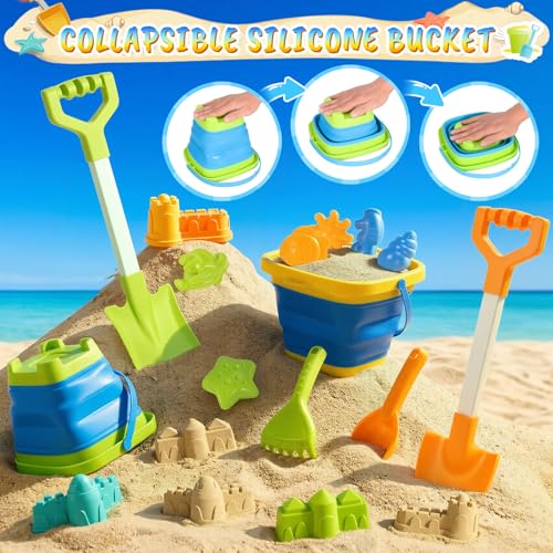 Beach Toys for Kids,Travel Sand Toys Beach Essentials for Kids Age 3-10 | Sand Castle Building Kit with 2 Collapsible Bucket,2 Long Beach Shovels,Sand Molds,Mesh Bag Sandbox Toys for Boys Girls