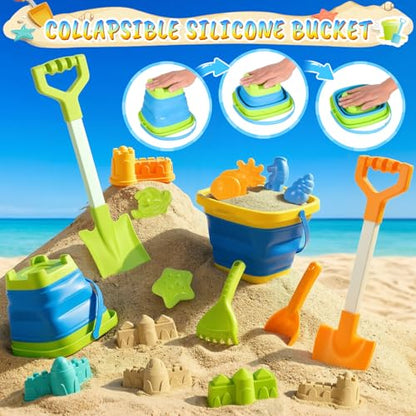 Beach Toys for Kids,Travel Sand Toys Beach Essentials for Kids Age 3-10 | Sand Castle Building Kit with 2 Collapsible Bucket,2 Long Beach Shovels,Sand Molds,Mesh Bag Sandbox Toys for Boys Girls