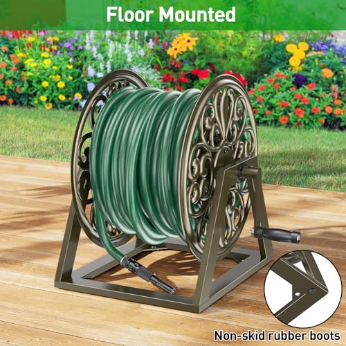 GOFORWILD Wall/Floor Mount Hose Reel, Holds 200-Feet of 5/8-Inch Hose | Decorative Hose Reel, Garden Heavy-Duty Water Hose Holder Winder Tidy Your Yard Farm