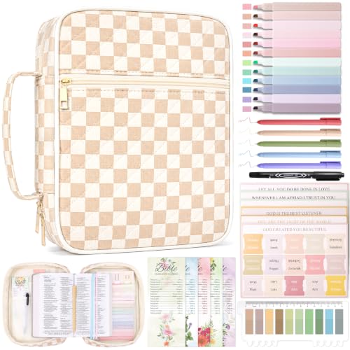 XKDOUS Bible Cover Case for Women Bible Bag Journaling Kit w/Study Supplies - color: Khaki Plaid, size: Large