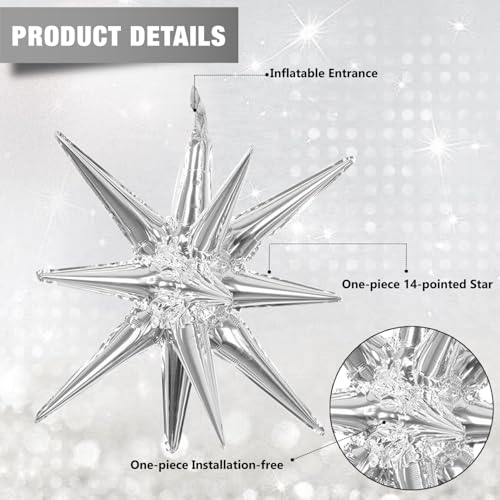 6 Pcs Silver Star Foil Balloons One-Piece 14-Pointed Star Balloon 4D Starburst Cone Mylar Balloon 22inch Christmas Birthday Wedding Wedding Anniversary Party Supplies (22&27 Inches Silver) - color: 22&27 Inches Silver