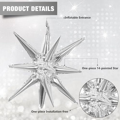 6 Pcs Silver Star Foil Balloons One-Piece 14-Pointed Star Balloon 4D Starburst Cone Mylar Balloon 22inch Christmas Birthday Wedding Wedding Anniversary Party Supplies (22&27 Inches Silver) - color: 22&27 Inches Silver