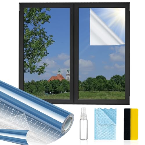MAGIDEKOR Window Privacy Film One Way, Reflective Mirror Window Film Daytime Privacy, UV Sun Blocking Heat Control Static Cling, Window Tint for Home Office - 23.6 Inch X 6.5 Feet - color: One Way - Blue, size: 23.6 Inch X 6.5 Feet