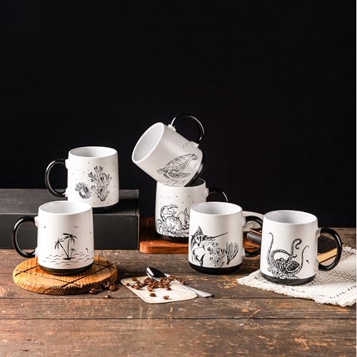 AmorArc Large Coffee Mugs Set of 6, 18oz Ceramic Coffee Cups with Sea Life Textured Patterns for Tea Latte Cocoa. Easy to Hold&Clean, Dishwasher&Microwave Safe, Matte - color: Matte White-Black Pattern