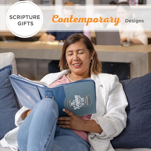 Christian Art Gifts Vegan Leather Fashion Bible Cover Carry Case for Women: Seek First the Kingdom of God - Mat. 6:33 Inspirational Scripture Verse w/Pockets, Pen Storage & Gold, Metallic Blue, Large - size: Large