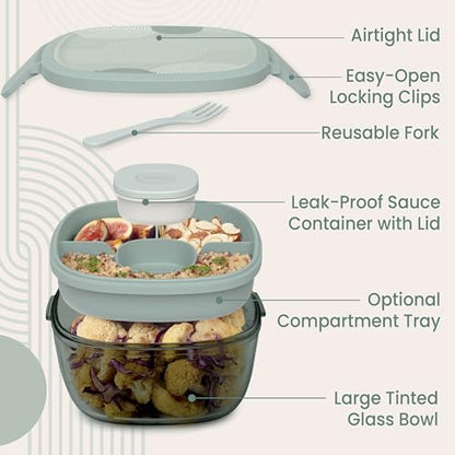 Bentgo Glass Prints Salad Container - 7.6-Cup Tinted Glass Salad Bowl with Airtight Lid, Leak-Proof Sauce Container, 4-Compartment Bento Meal Prep Tray & Reusable Fork (Mod Curve - Serene Green) - color: Mod Curve - Serene Green