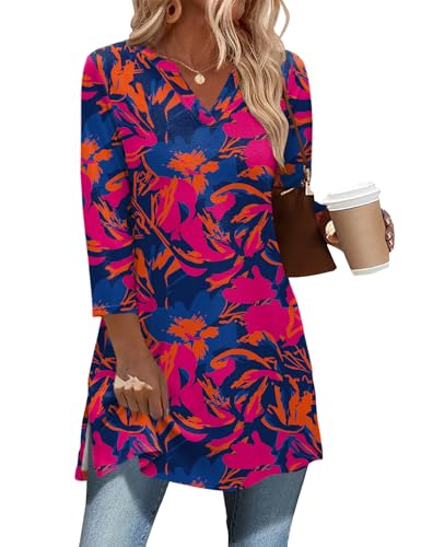 Ivicoer 3/4 Length Sleeve Womens Tops Dressy Casual Plus Size V Neck Tunics to Wear with Leggings Side Slit Shirt - color: Red Blue Orange, size: Medium