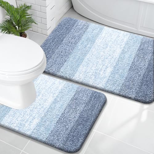 OLANLY Micorfiber Bathroom Rug Set 2 Piece, Soft Absorbent Bath Mats, Blue - color: Blue, size: 36" X 24" + U24" X 20"