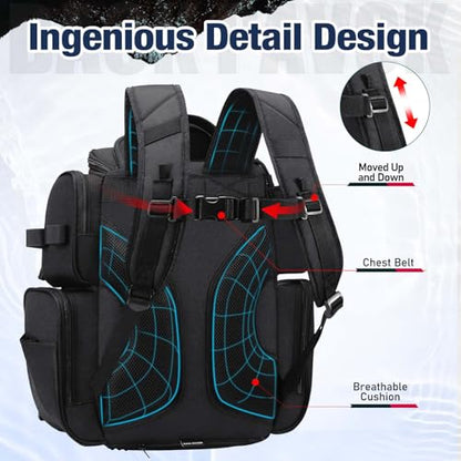 Piscifun Fishing Tackle Backpack with 2 Rod Holders, 4 Boxes & Rain Cover | Multi-pocket storage, fits 3600/3700 trays, bottle holder, padded straps for bank fishing - color: Black