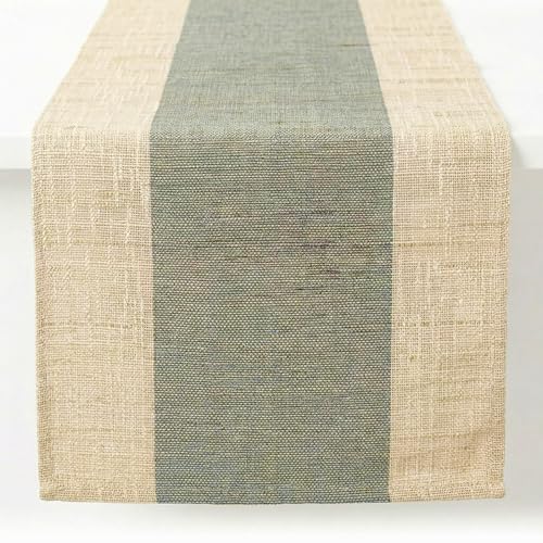 Table Runner, 13.8" × 72", 100% Natural Ramie, Handwoven - color: Ramie & Green