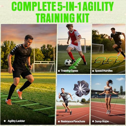 Agility Ladder, Soccer Football Training Equipment Set - 20ft Speed Ladder, 4 Hurdles,Parachute, 12 Cones & Jump Rope | Agility & Speed Training for Kids Youth Adults,Basketball & Football Accessories - color: Green