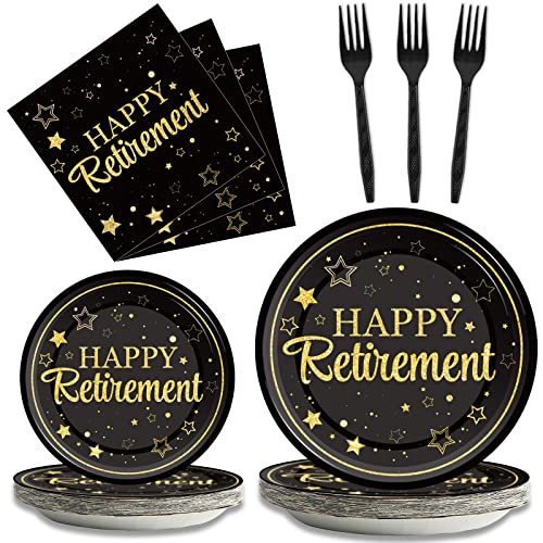 96 Pcs Retirement Party Plates Napkins Tableware Set Happy Retirement Supplies Black and Golden Disposable Dinnerware Retired Party Decoration Favors for Women Men, 24 Guests - style: Retirement party