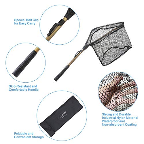YVLEEN Folding Fishing Net - Foldable Fish Landing Net Robust Aluminum Telescopic Pole Handle and Nylon Mesh 16inch Hoop Size - color: A:16”/40cm Hoop Size (Fixed Handle) Gold