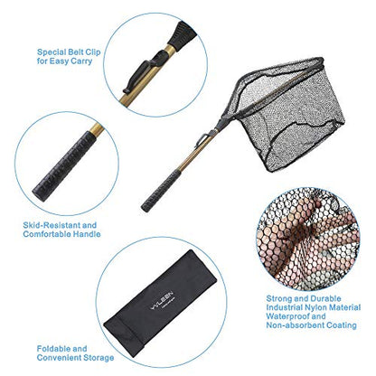 YVLEEN Folding Fishing Net - Foldable Fish Landing Net Robust Aluminum Telescopic Pole Handle and Nylon Mesh 16inch Hoop Size - color: A:16”/40cm Hoop Size (Fixed Handle) Gold