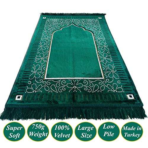 Mihrab Patterned Original Luxury Velvet Prayer Mat/Rug- 750g Weight | Made in Turkey (Parliament Green) - color: Parliament Green
