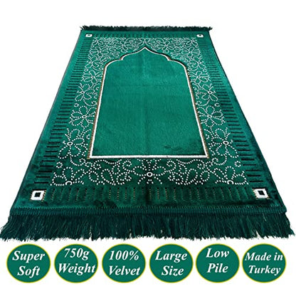 Mihrab Patterned Original Luxury Velvet Prayer Mat/Rug- 750g Weight | Made in Turkey (Parliament Green) - color: Parliament Green