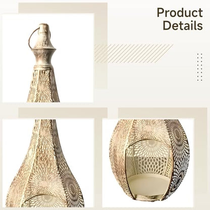 Decorative Candle Holder, Moroccan Gourd Lantern Lamp with Hollow Metal Design, Bohemian Hanging Light for Home & Ramadan Decoration