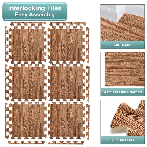 Sorbus Wood Grain Floor Mats Foam Interlocking Mats Each Tile 1 Square Foot 3/8-Inch Thick Flooring Wood Mat Tiles - Home Office Playroom Basement Trade Show (16 Tiles,16 Sq ft, Brown) - color: Brown