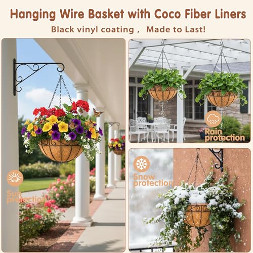12 inch Metal Hanging Baskets For Plants Outdoor 4 Pack Round Metal Wire Hanging Basket Planter with Coco Fiber Liners Chain Round Wire Plant Holder for Garden, Patio, Deck, Porch Plants Flower Potss - size: 12 Inch, style: Flower Border