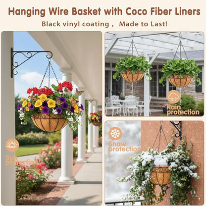 12 inch Metal Hanging Baskets For Plants Outdoor 4 Pack Round Metal Wire Hanging Basket Planter with Coco Fiber Liners Chain Round Wire Plant Holder for Garden, Patio, Deck, Porch Plants Flower Potss - size: 12 Inch, style: Flower Border