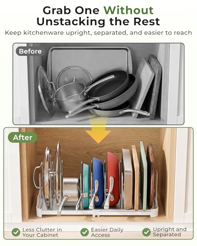 EVERIE Adjustable Bakeware Organizer Pot Lid Holder Rack for Pots, Cake Molds, Cutting Boards, Mats, Cookware, GS02SS, Pack of 2