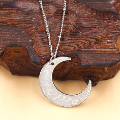 Stainless Steel Arabic Moon Pendant Necklace - Islamic Allah Symbol Jewelry for Men and Women - Religious Amulet Talisman Gift YA4979 - color: white moon pendant necklace